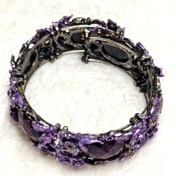 Vintage Purple Enamel Floral Bracelet w/ Pink Rhinestone Accents Wrap Bracelet - Picture 5 of 9